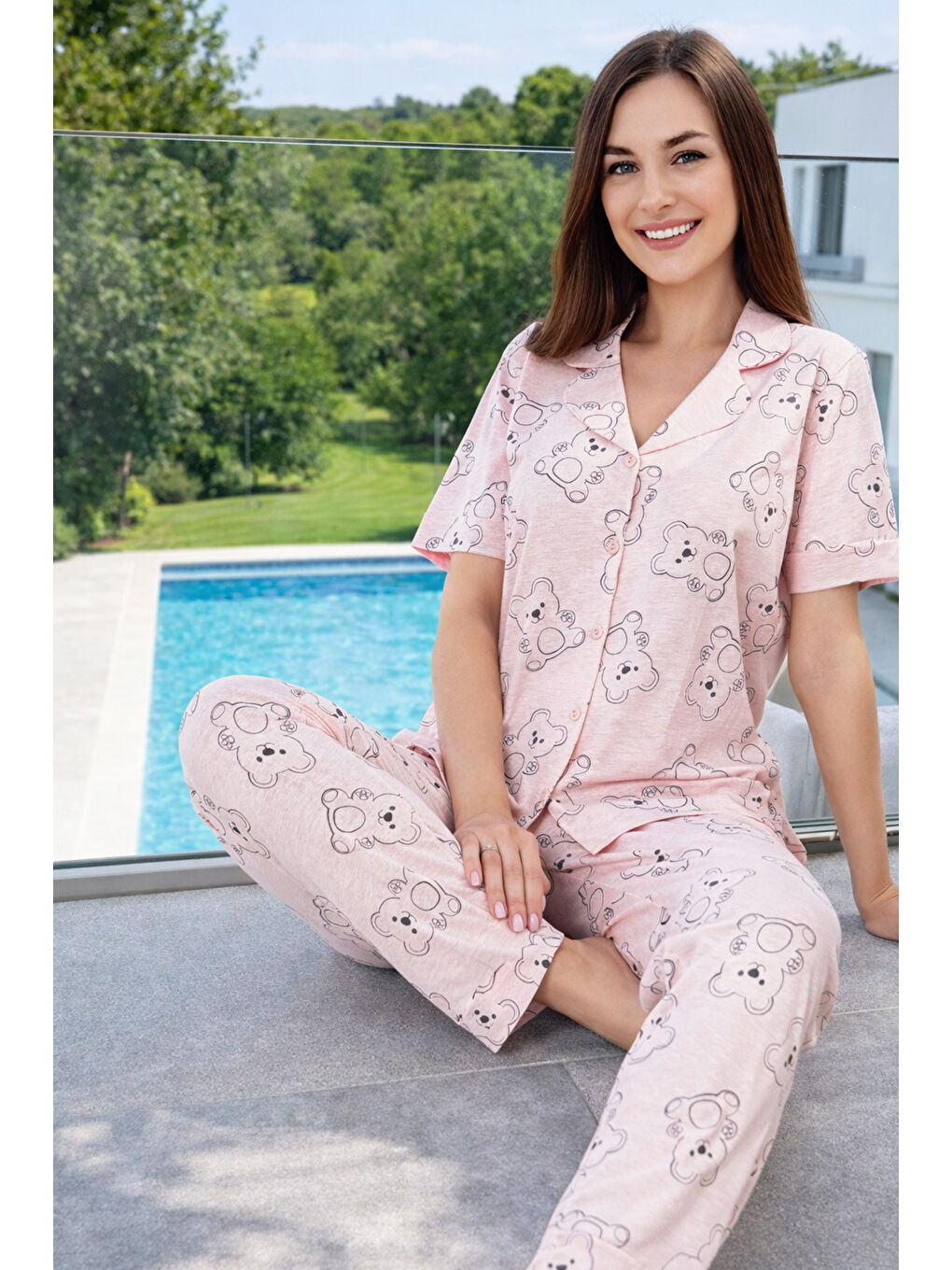 Pembe Kadın Desenli Kısa Kol Suprem Pijama Takımı 0271 Pudra-3