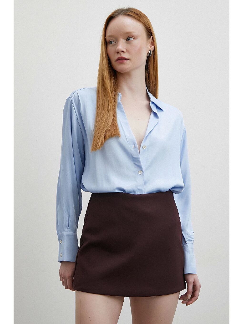 Floş Basic Saten Gömlek Mavi-3