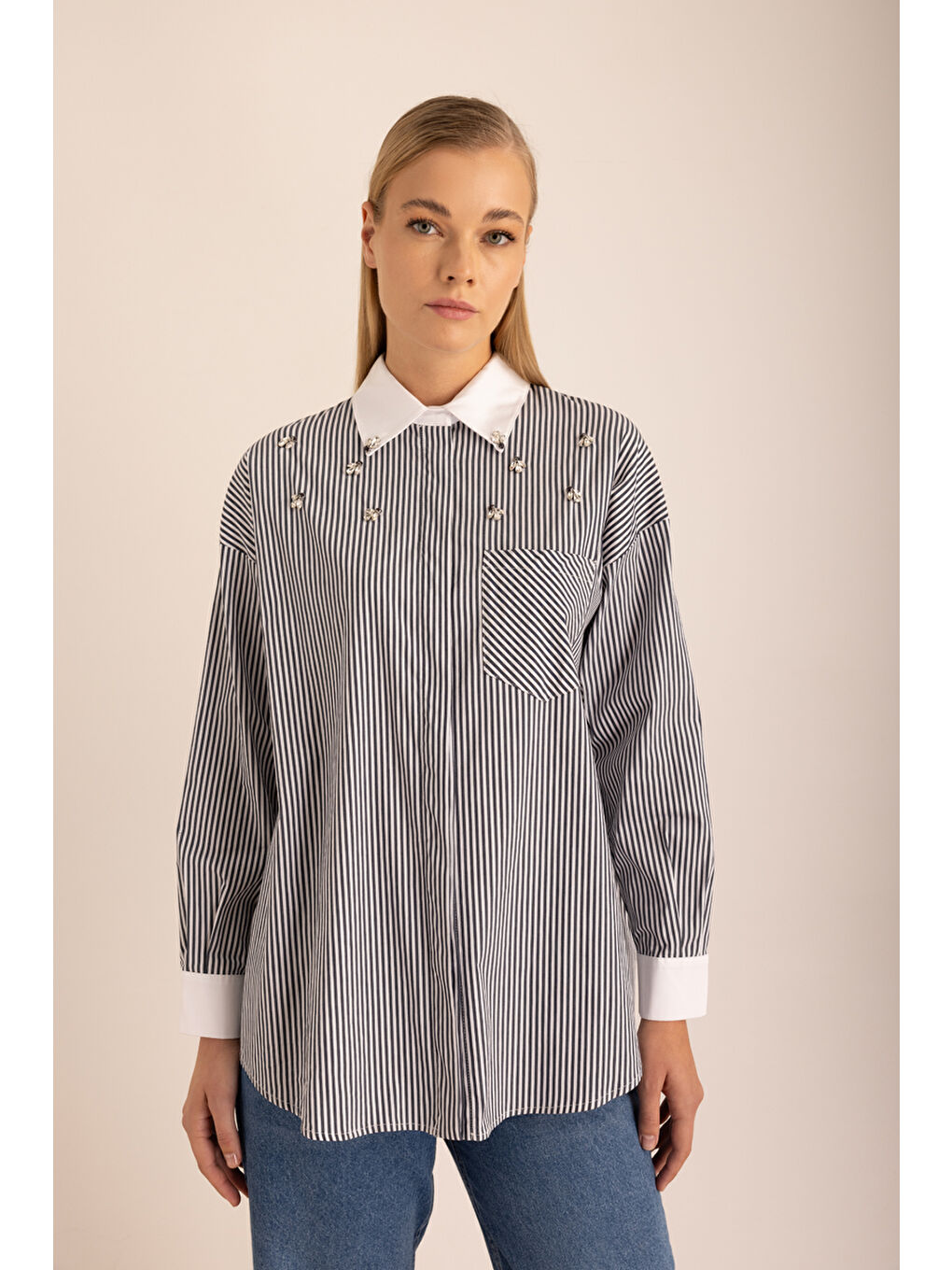 Lacivert Çizgili Pamuk Taş İşlemeli Gömlek