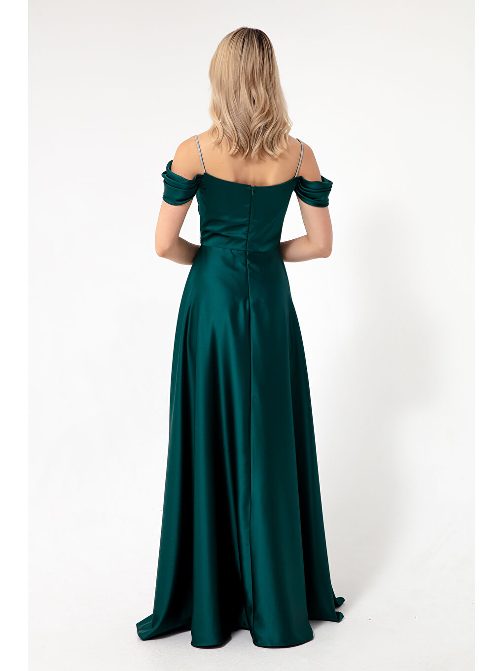 Kadın Zümrüt Yeşili Taş Askılı Uzun Saten Abiye Elbise-4