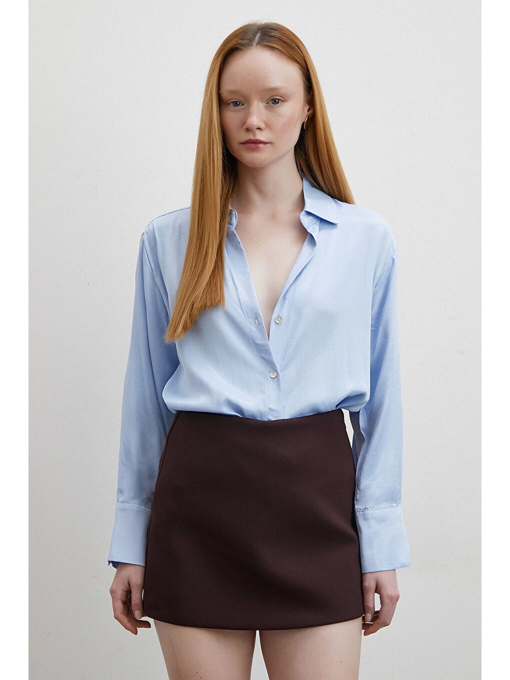 Floş Basic Saten Gömlek Mavi-5