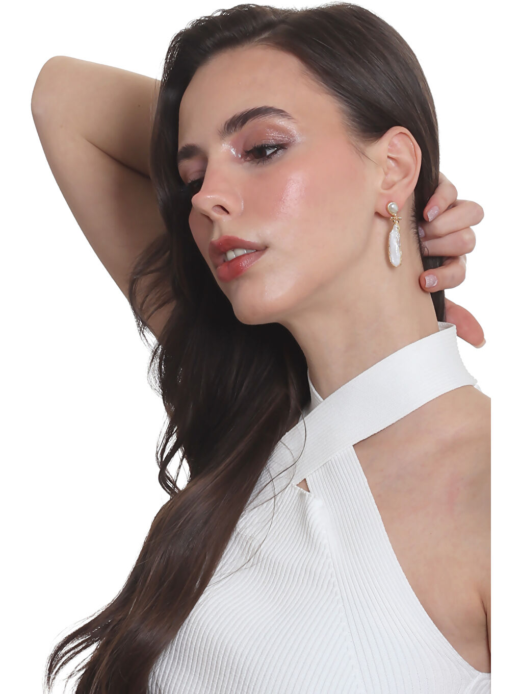 Sarı Kadın Lak Altın Kaplama Çivili Model İncili Tasarım Küpe-5