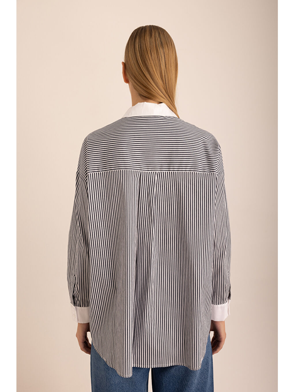 Lacivert Çizgili Pamuk Taş İşlemeli Gömlek-5