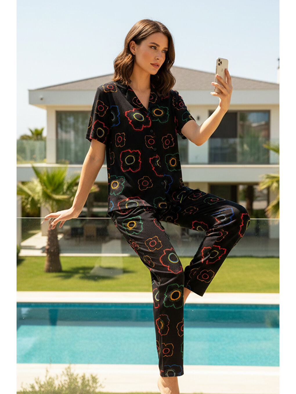 Kadın Desenli Kısa Kol Elastanlı Viskon Pijama Takımı 0134 Siyah02-1