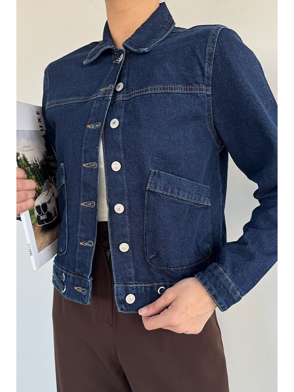 Lacivert Kadın Çift Cepli Ön Düğmeli Kuşgözü Detaylı Jean Jean Ceket-2