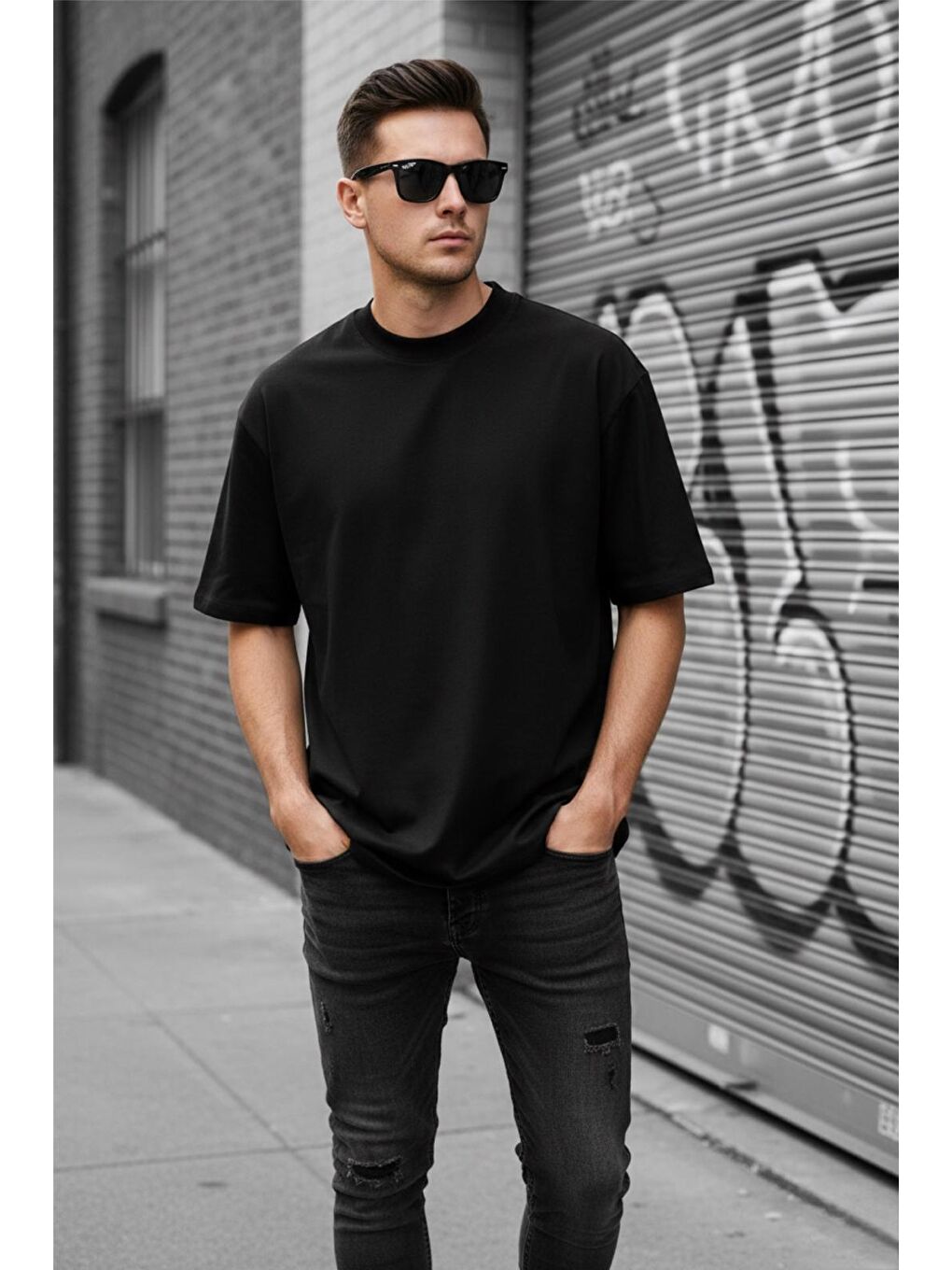 Siyah Benriy Erkek Oversize Basic Bisiklet Yaka Pamuklu T-Shirt Rahat Kesim Unisex Sevgili Kombini