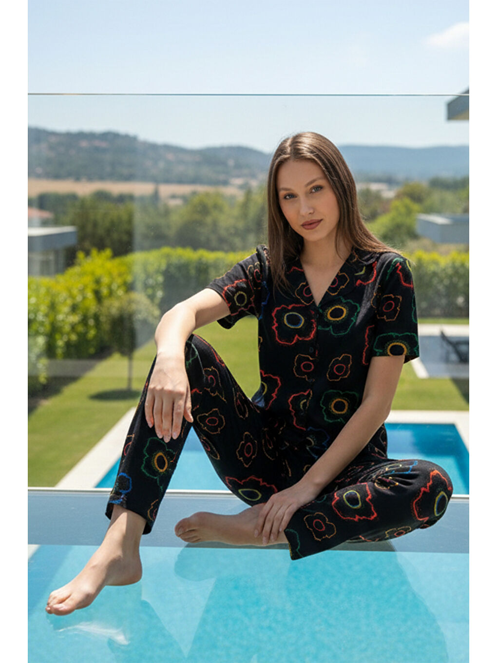 Kadın Desenli Kısa Kol Elastanlı Viskon Pijama Takımı 0134 Siyah02-2