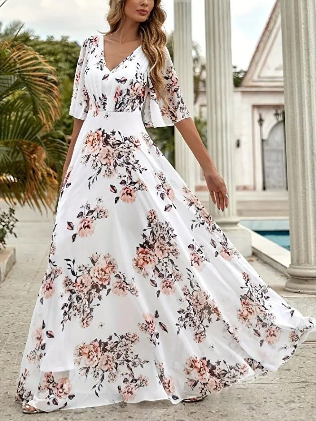Beyaz Kadın Kısa Kollu V Yakalı çiçek Desenli Süprem Elbise-2