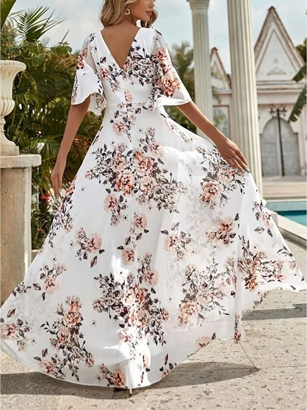 Beyaz Kadın Kısa Kollu V Yakalı çiçek Desenli Süprem Elbise-3