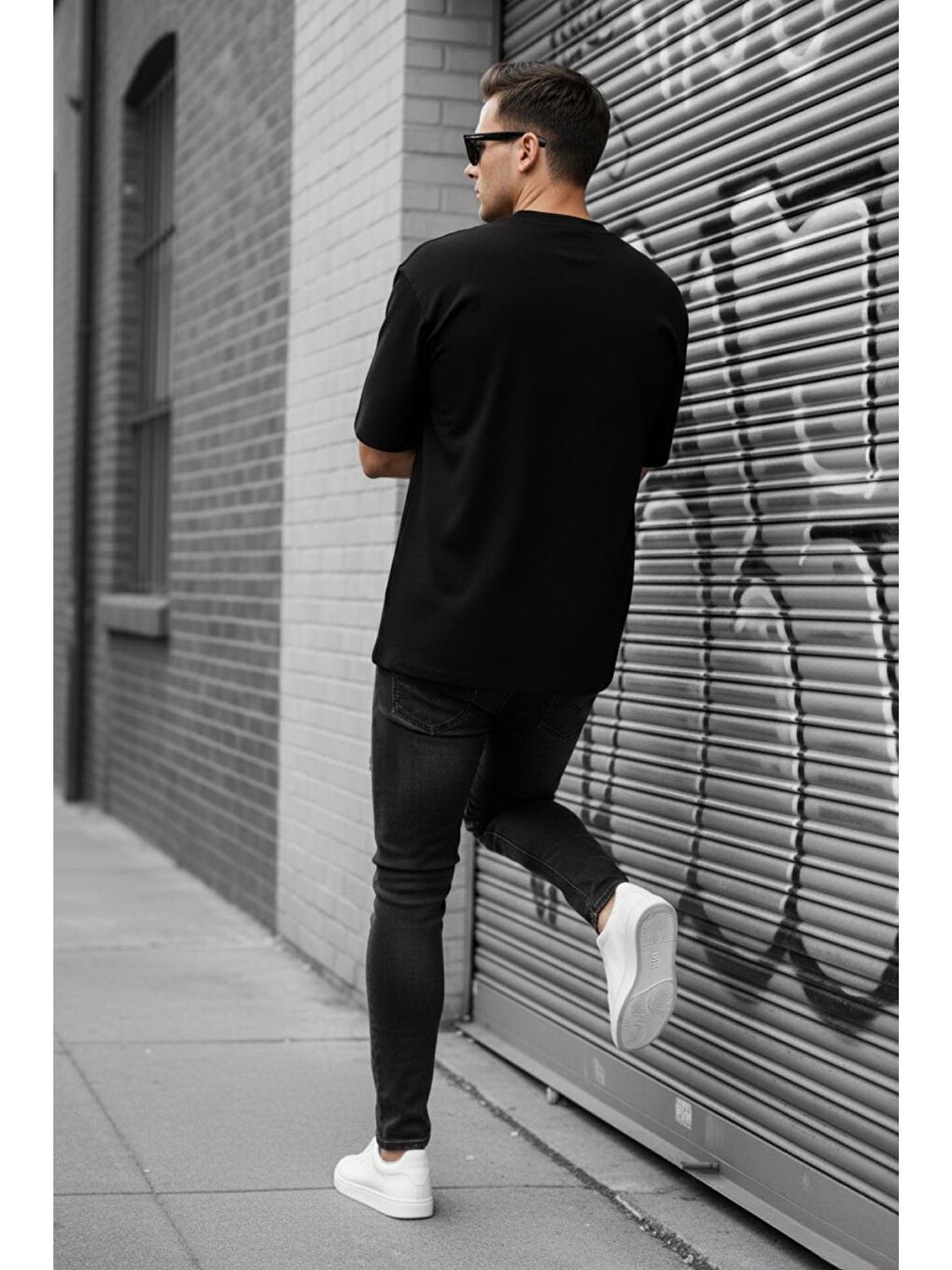 Siyah Benriy Erkek Oversize Basic Bisiklet Yaka Pamuklu T-Shirt Rahat Kesim Unisex Sevgili Kombini-2