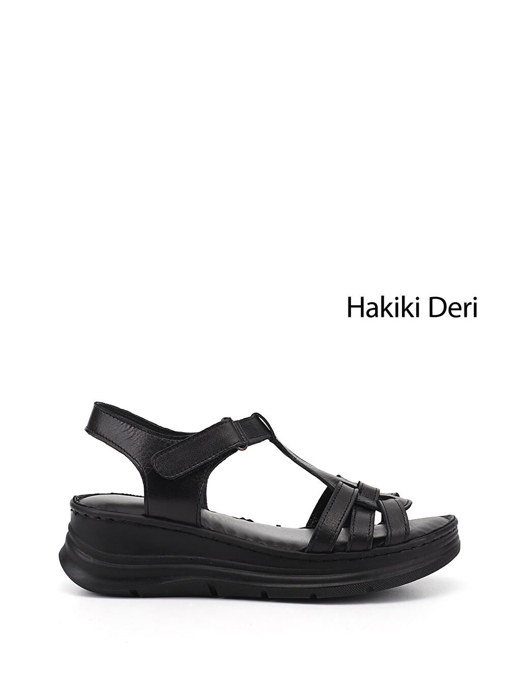 Siyah Kadın SİYAH Cırt Bantlı Dolgu Topuk Hakiki Deri Sandalet