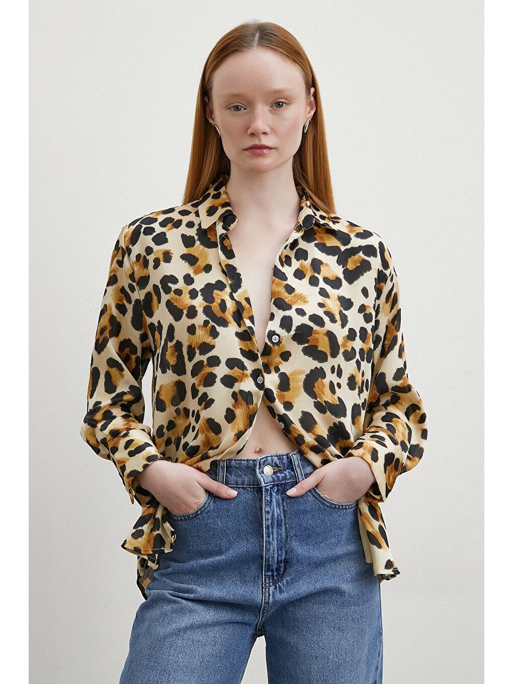 Leopar Desenli V Yaka Gömlek Bej-4