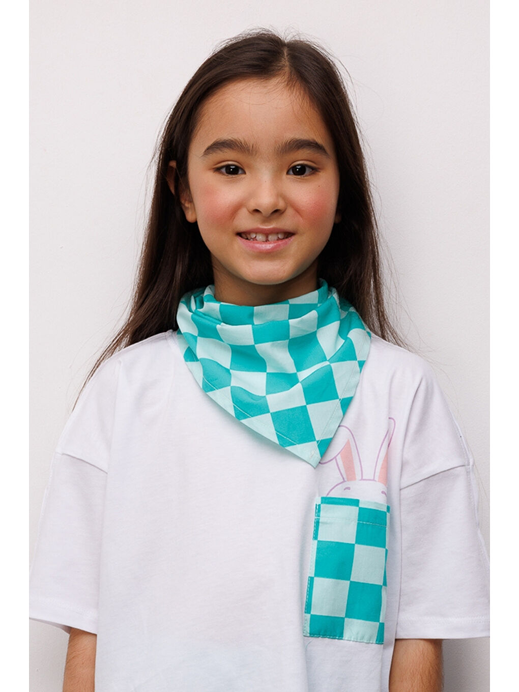 Yeşil Mint Dama Desenli Çocuk Üçgen Fular-2