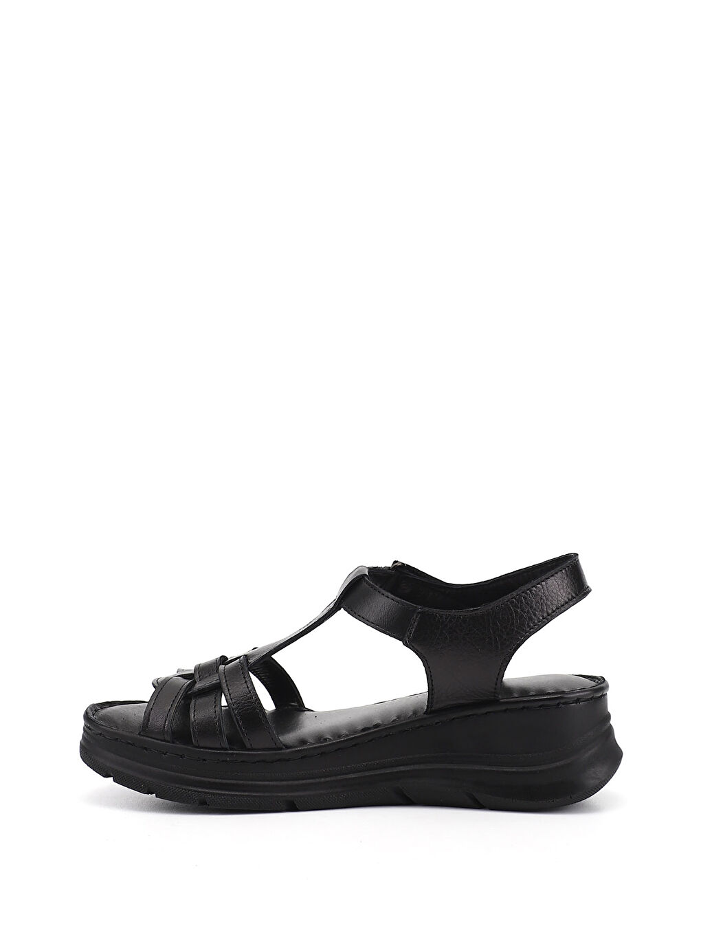 Siyah Kadın SİYAH Cırt Bantlı Dolgu Topuk Hakiki Deri Sandalet-4