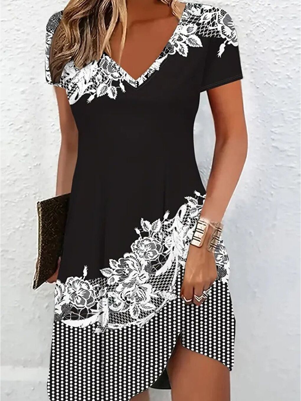 Siyah Kadın Kısa Kollu V Yakalı çiçek Baskılı Süprem Elbise-1