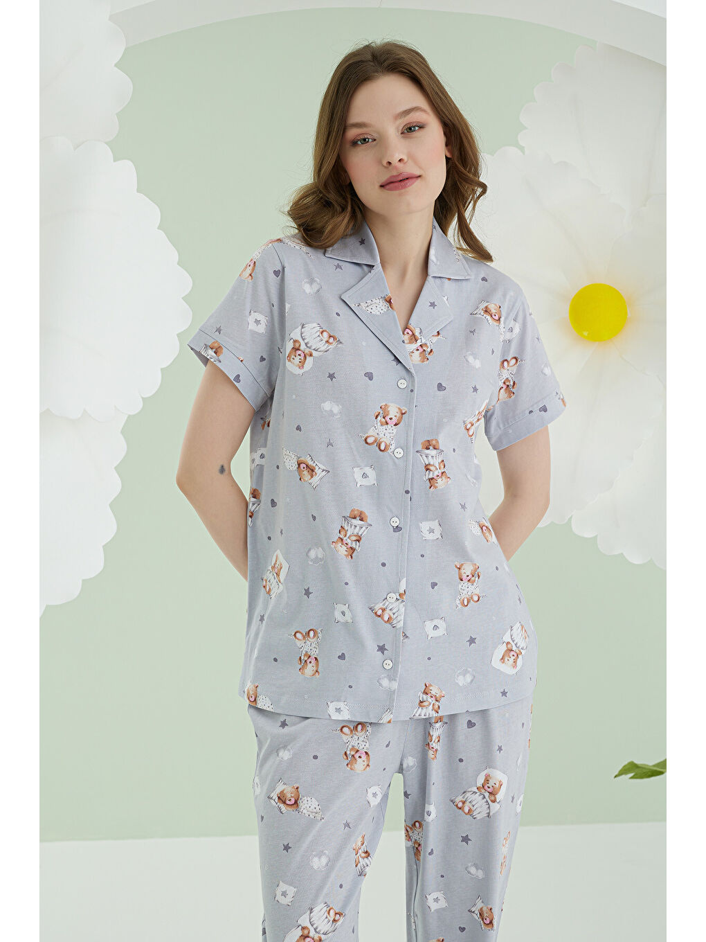 Gri Bear Heart Star Önden Düğmeli Pijama Takımı-1