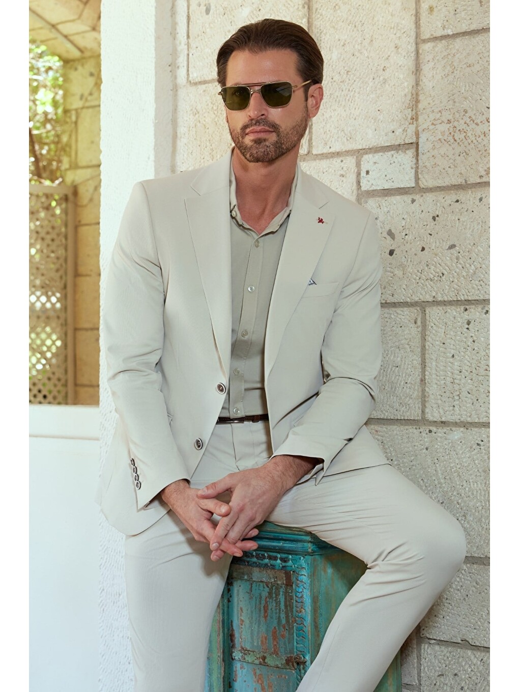Bej Kendinden Desenli Mono Yaka 6 Drop Slim Fit Takım Elbise 1001260162-2