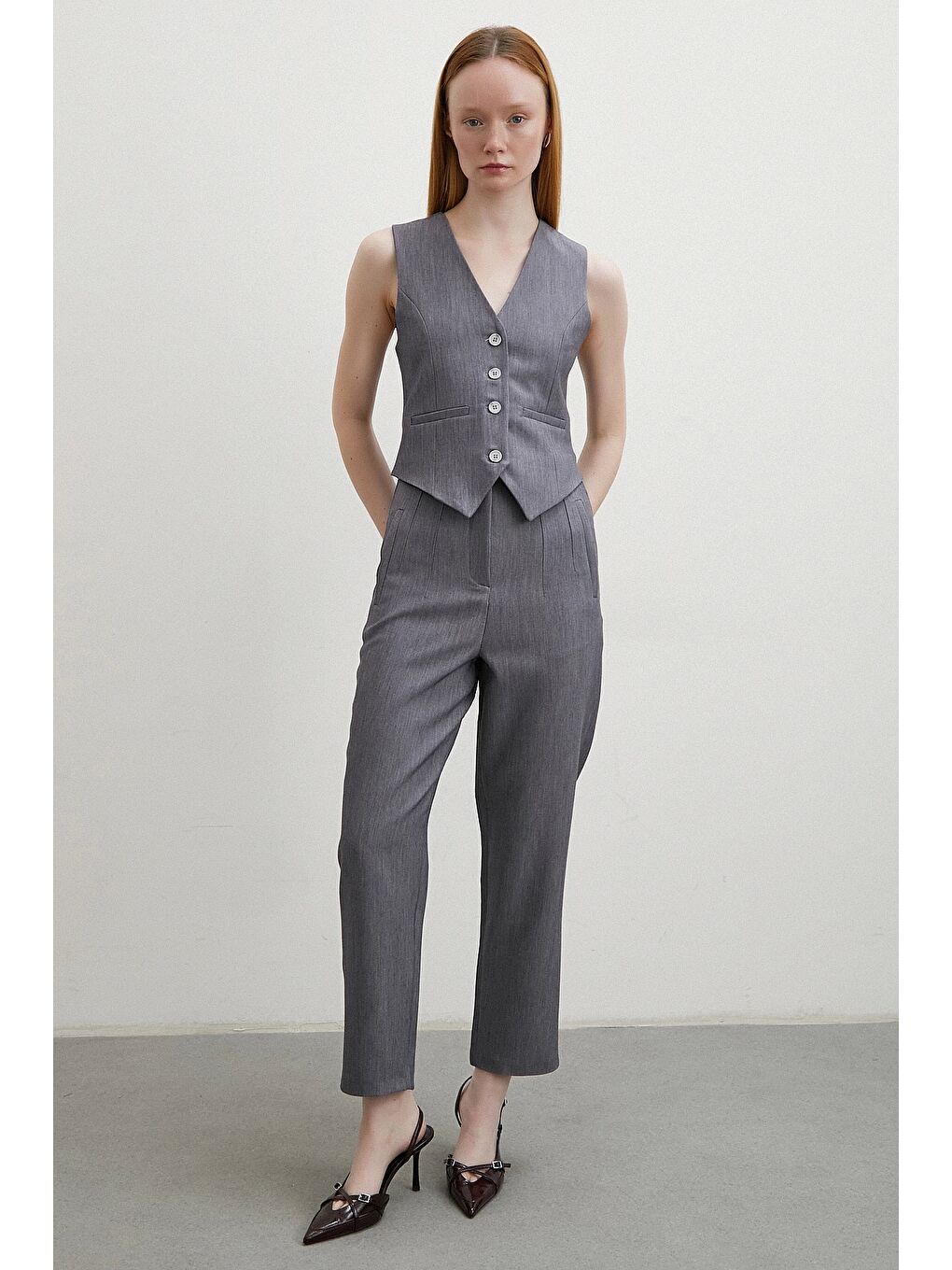 Karışık Önü Pensli Skinny Kumaş Pantolon Antirasit