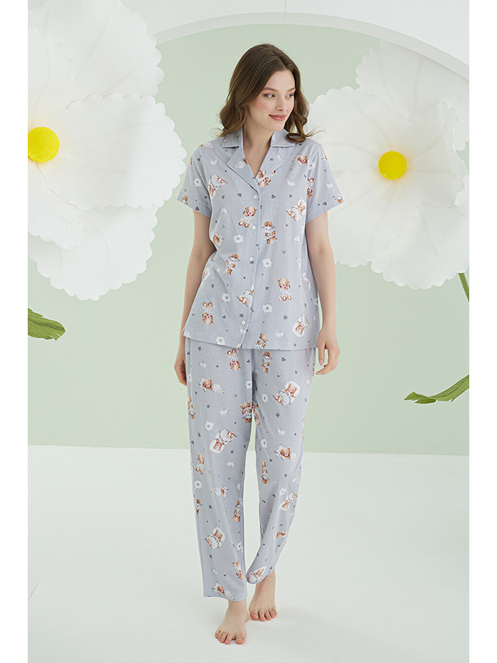 Gri Bear Heart Star Önden Düğmeli Pijama Takımı-2