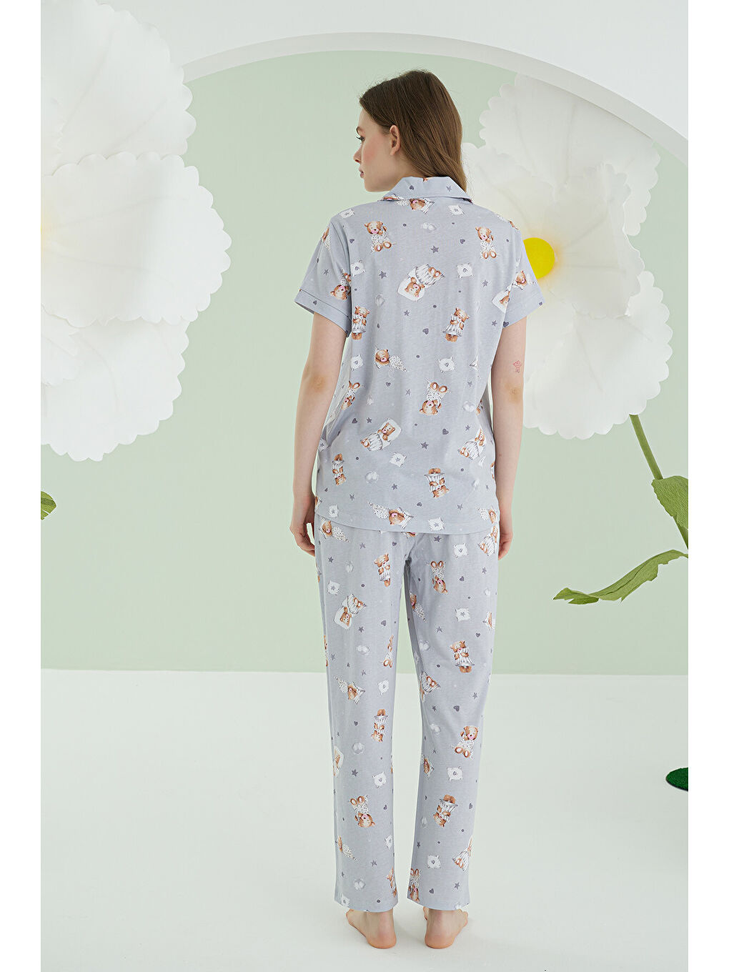 Gri Bear Heart Star Önden Düğmeli Pijama Takımı-3