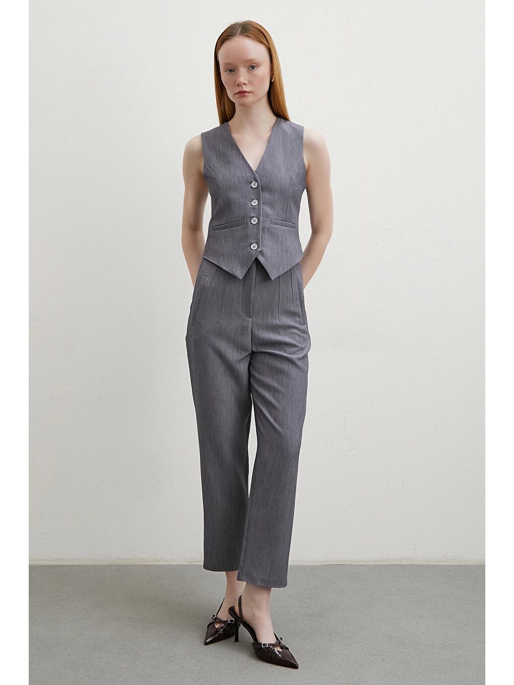 Karışık Önü Pensli Skinny Kumaş Pantolon Antirasit-1