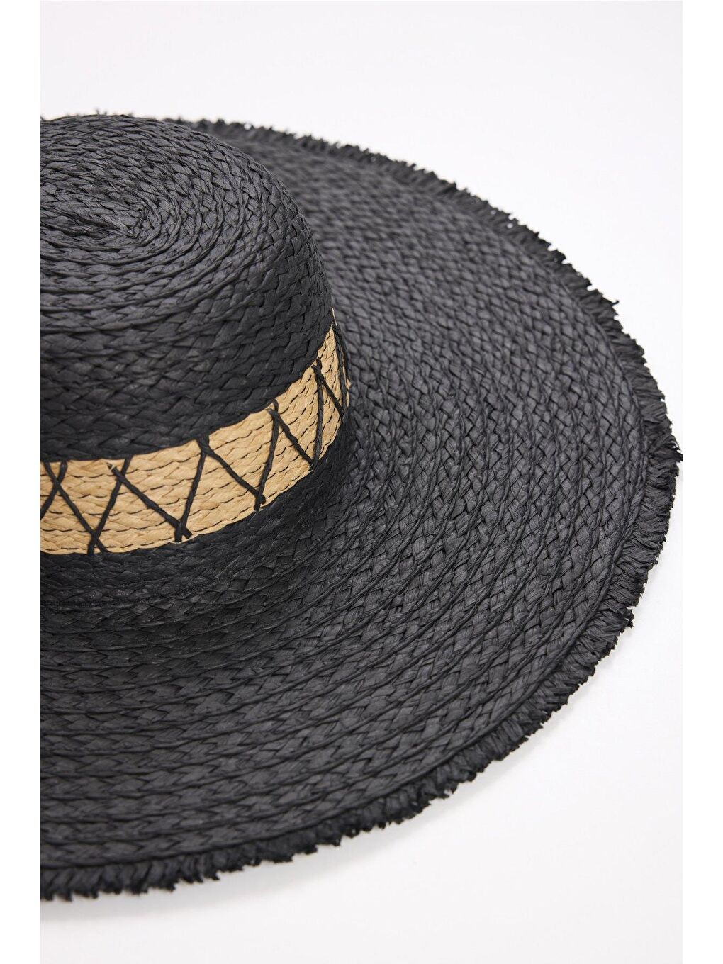 Şerit Detaylı Siyah Hasır Plaj Şapkası 2042-1