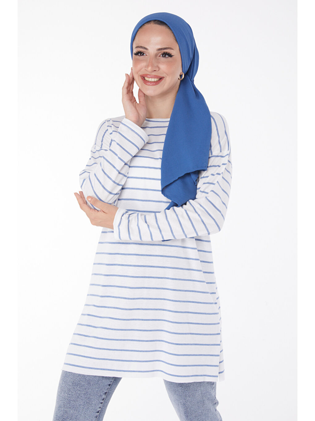 Çİzgili Yırtmaçlı Tunik Acik Mavi - 27134