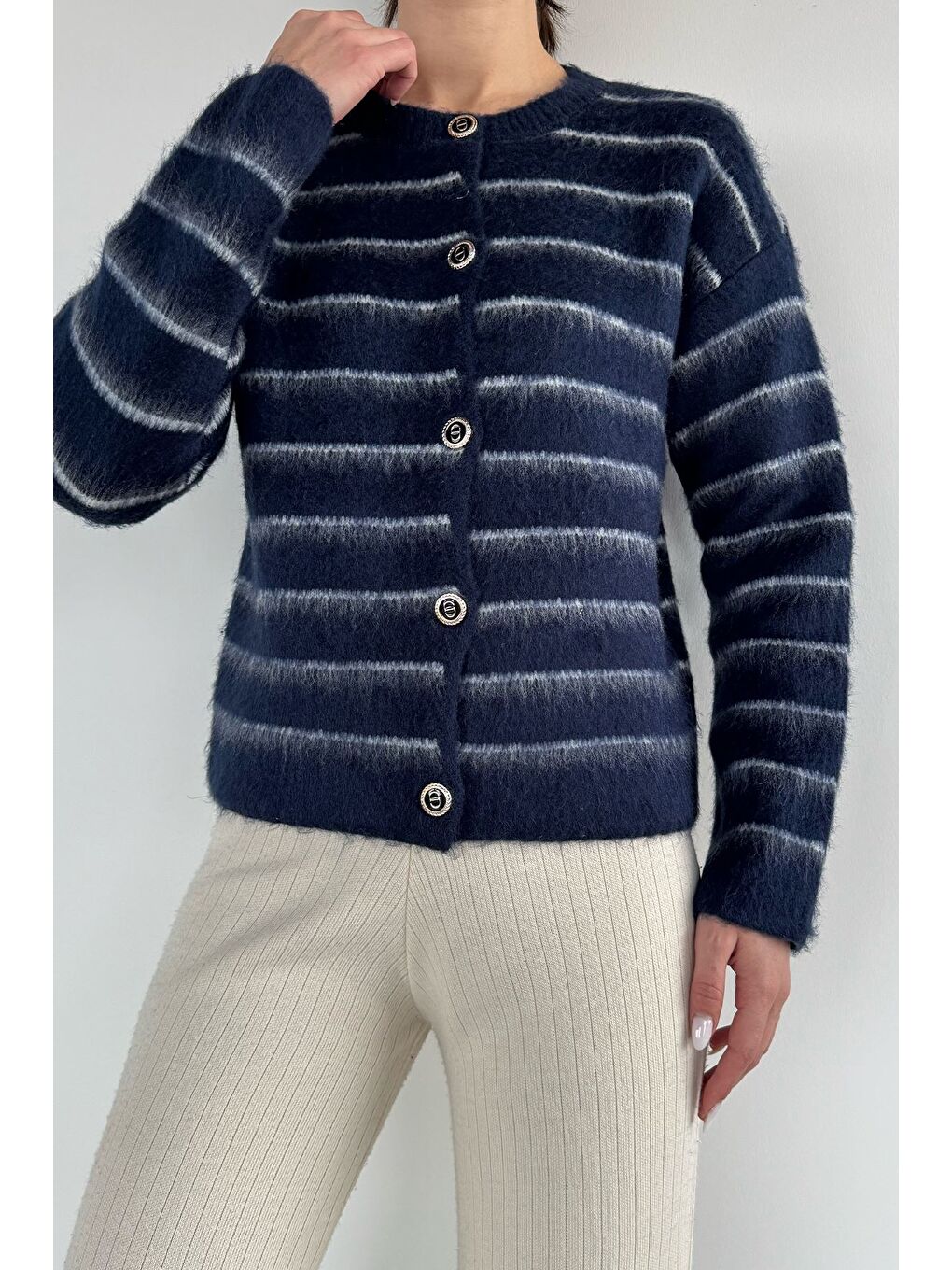 Lacivert Kadın Çizgi Desenli Triko Hırka-2