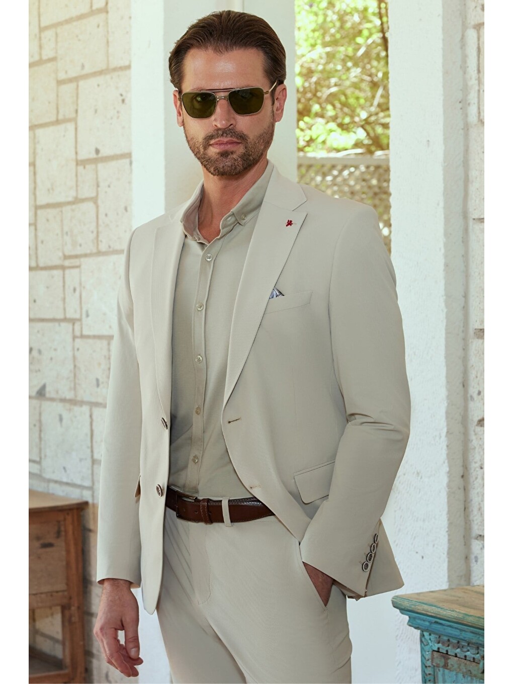 Bej Kendinden Desenli Mono Yaka 6 Drop Slim Fit Takım Elbise 1001260162-4