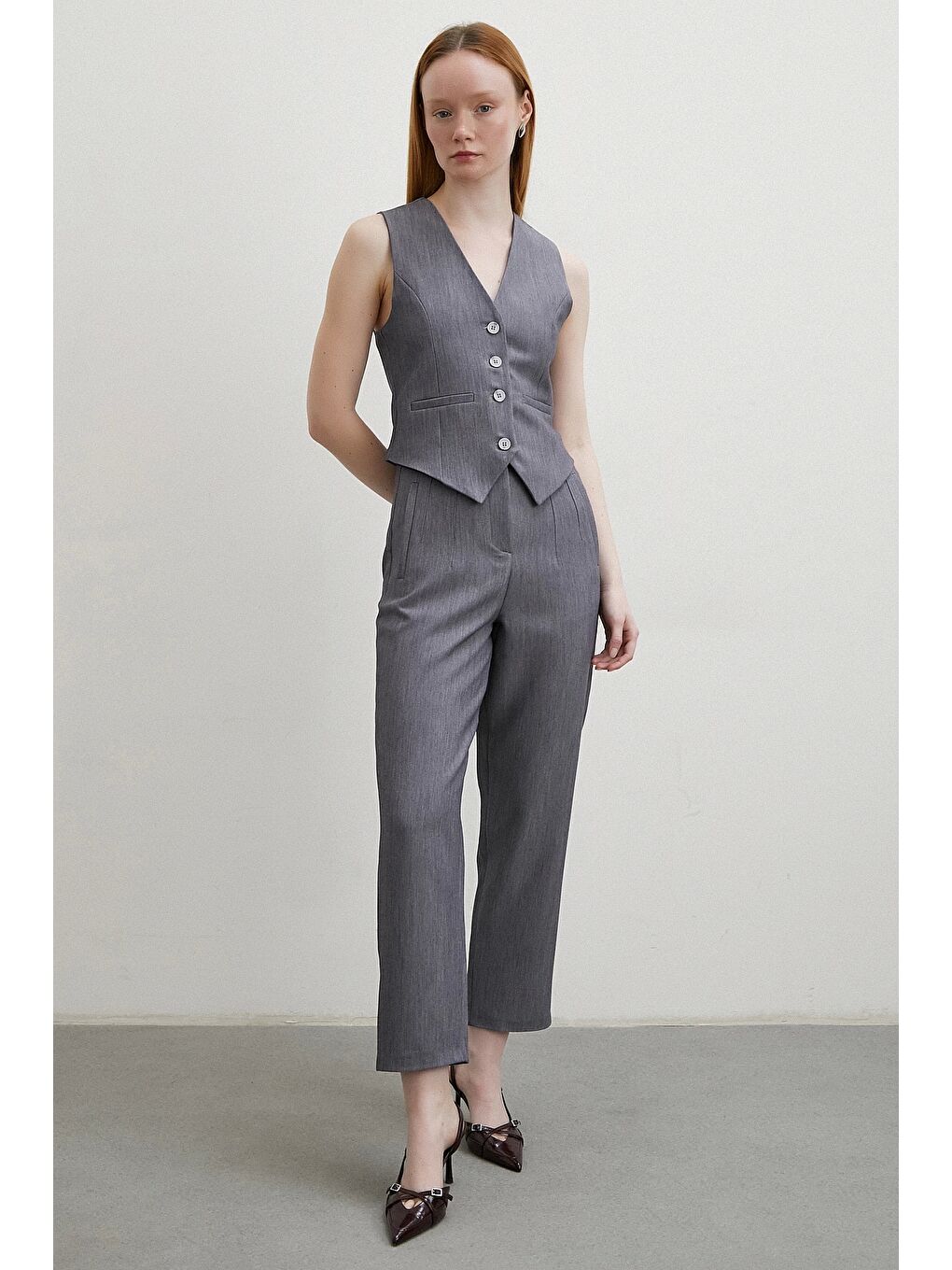 Karışık Önü Pensli Skinny Kumaş Pantolon Antirasit-5