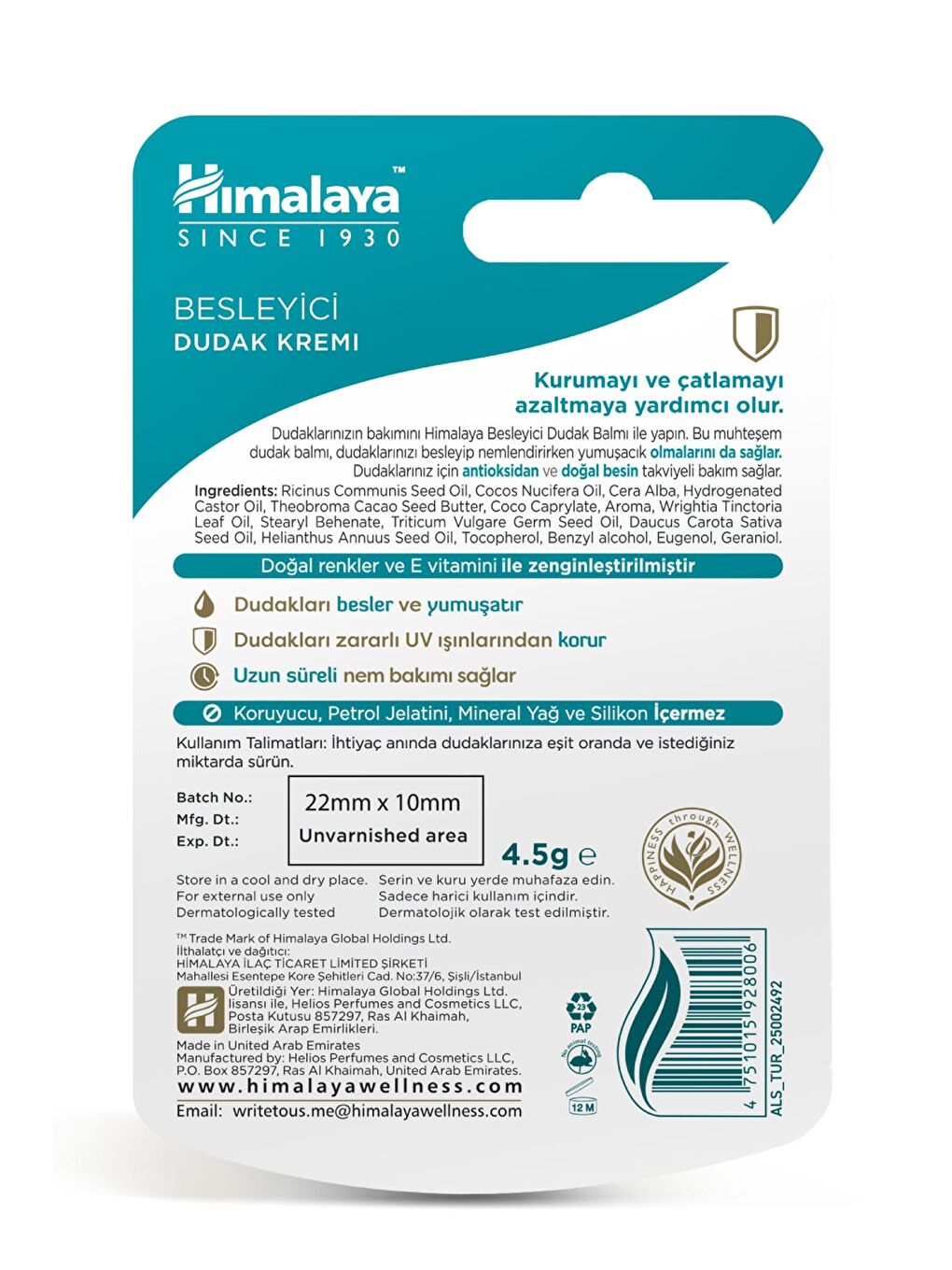 Besleyici Dudak Kremi, Buğday Tohumu Yağı, Nemlendirici, %100 Doğal Renk, Silikon Içermez, 4,5 gr-1