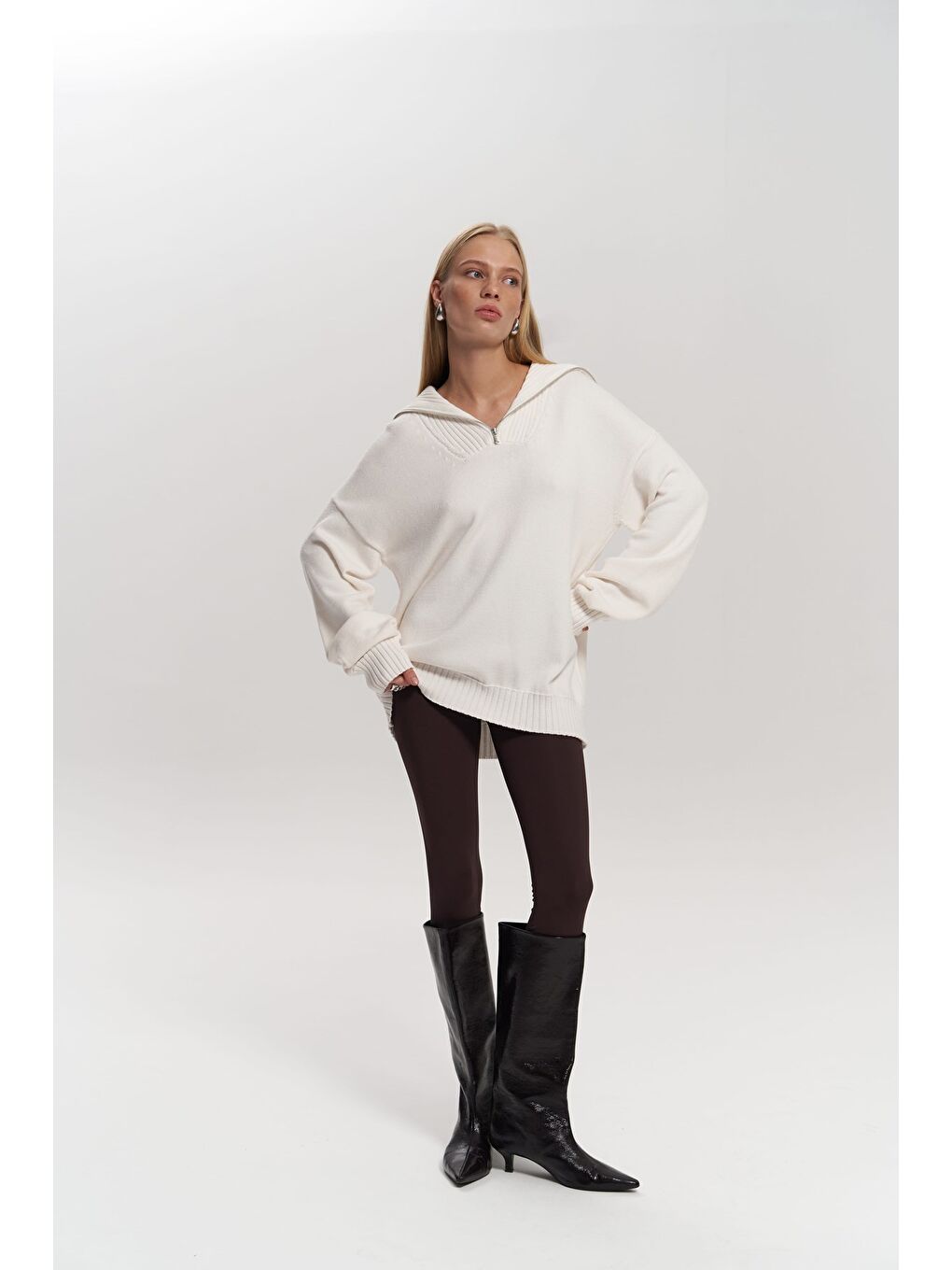 Lorna Fermuarlı Ekru Triko Kazak