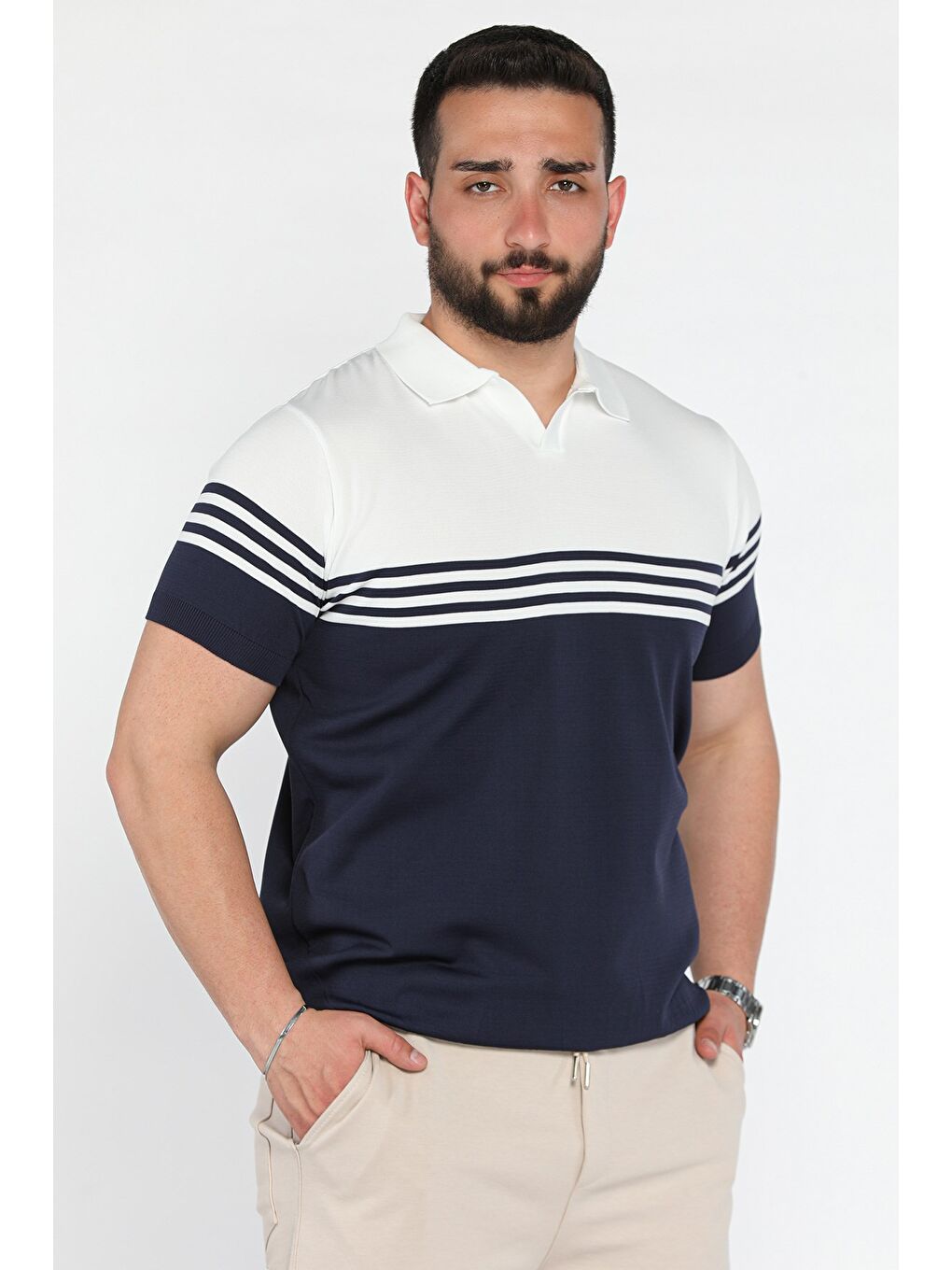 Lacivert Erkek Polo Yaka Çizgi Desenli Çift Renkli Triko Tişört