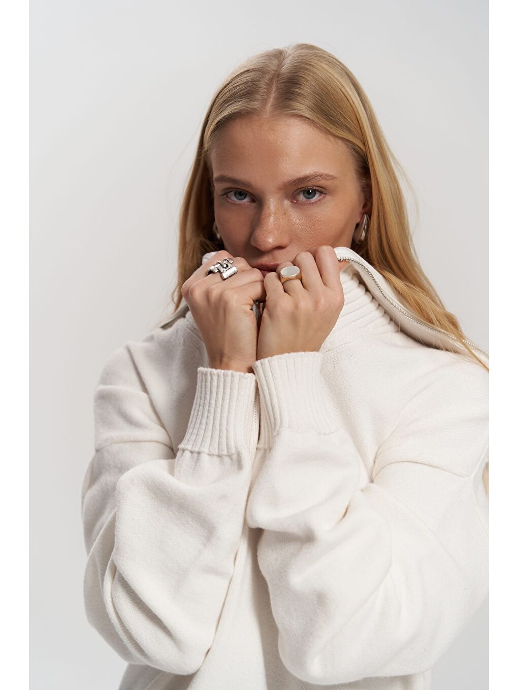 Lorna Fermuarlı Ekru Triko Kazak-2