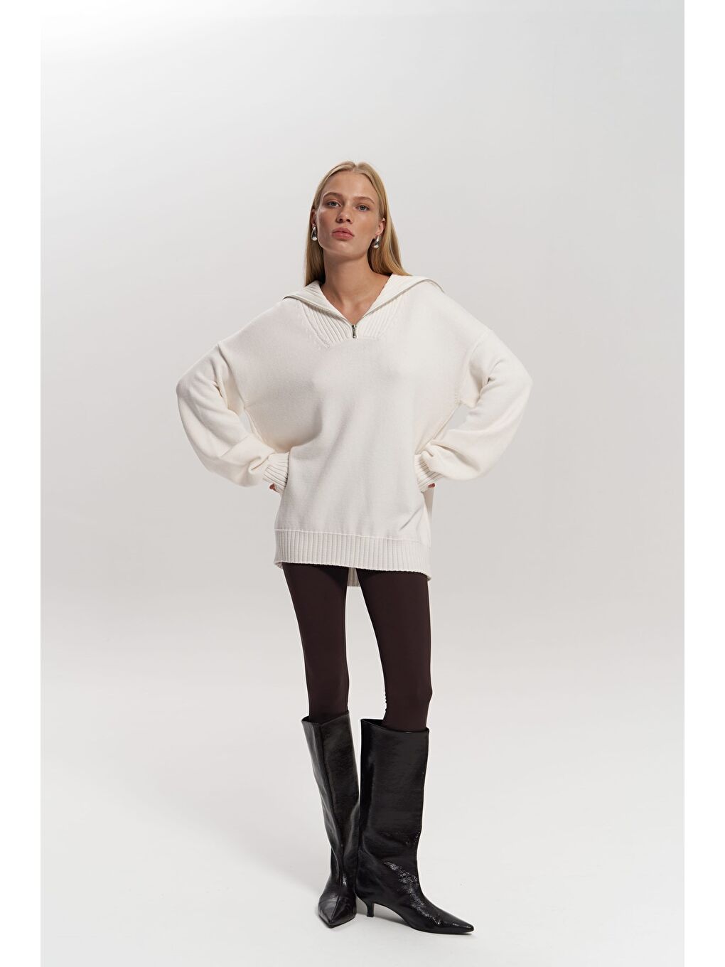 Lorna Fermuarlı Ekru Triko Kazak-5