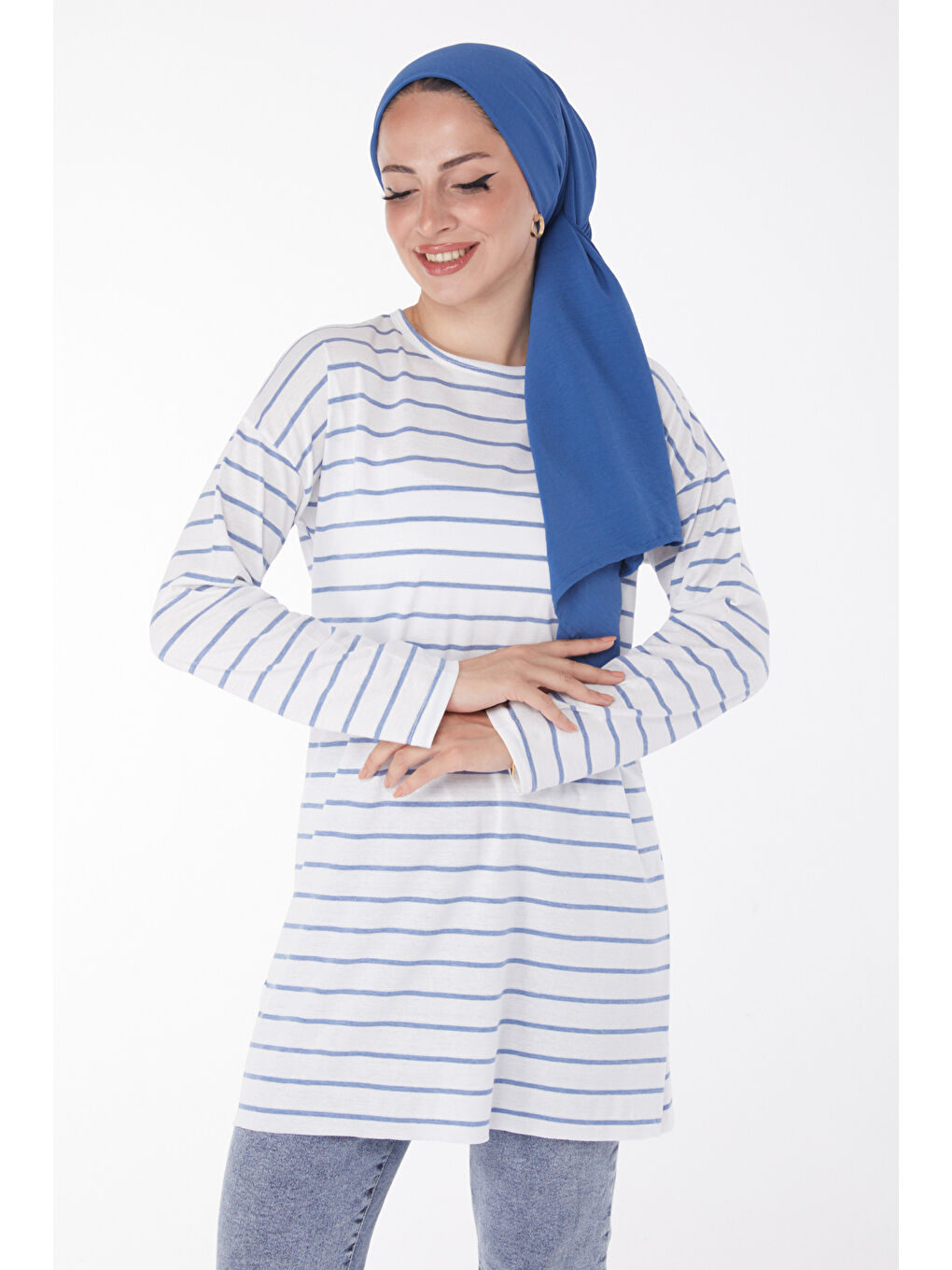 Çİzgili Yırtmaçlı Tunik Acik Mavi - 27134-1