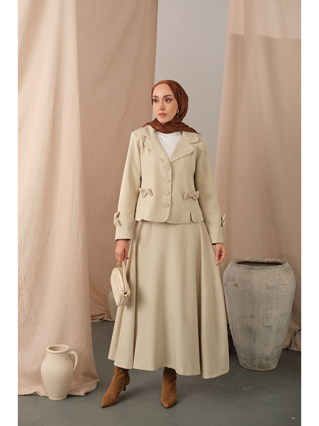 Ekru Kadın Kurdele Detaylı Takım Krem-1