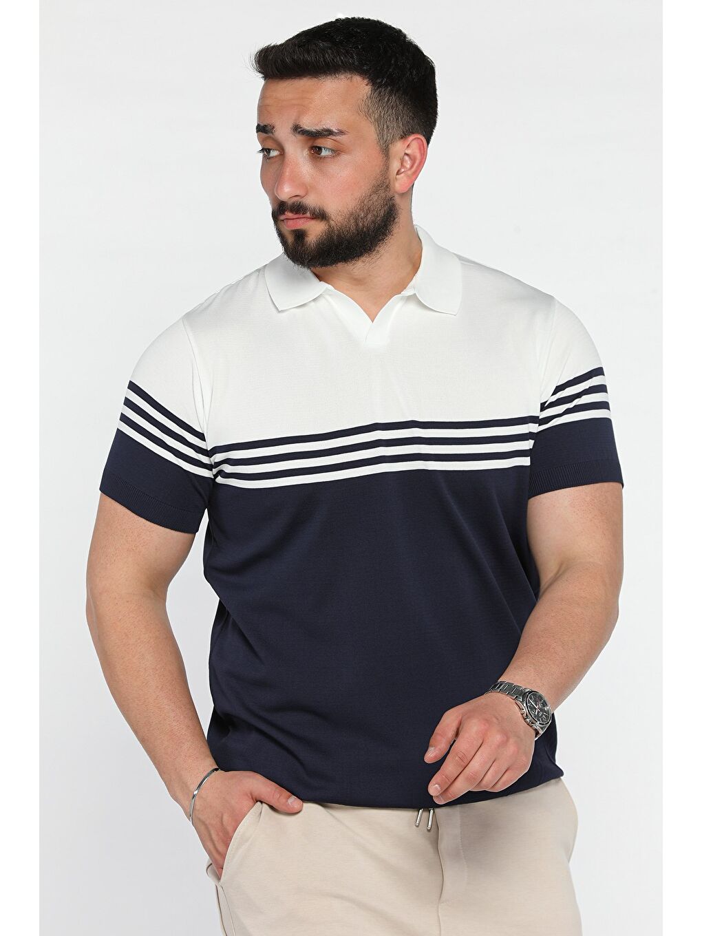 Lacivert Erkek Polo Yaka Çizgi Desenli Çift Renkli Triko Tişört-1