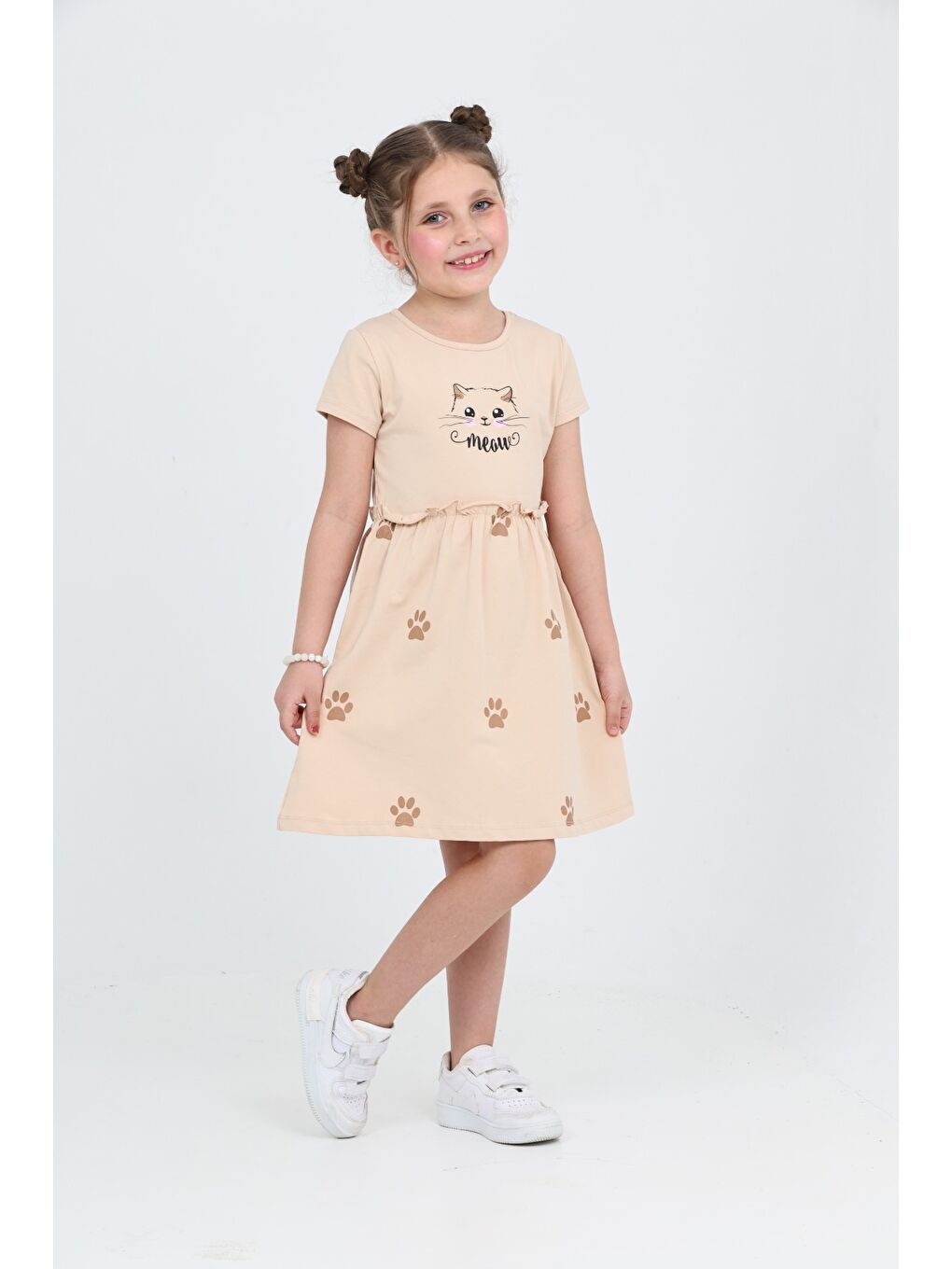 Bej Kız Çocuk Kedi Baskılı Elbise-1
