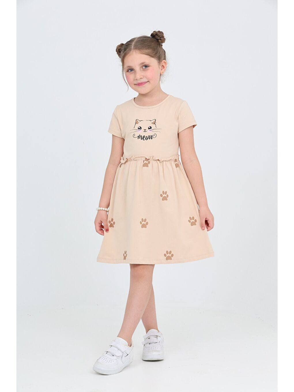 Bej Kız Çocuk Kedi Baskılı Elbise-3
