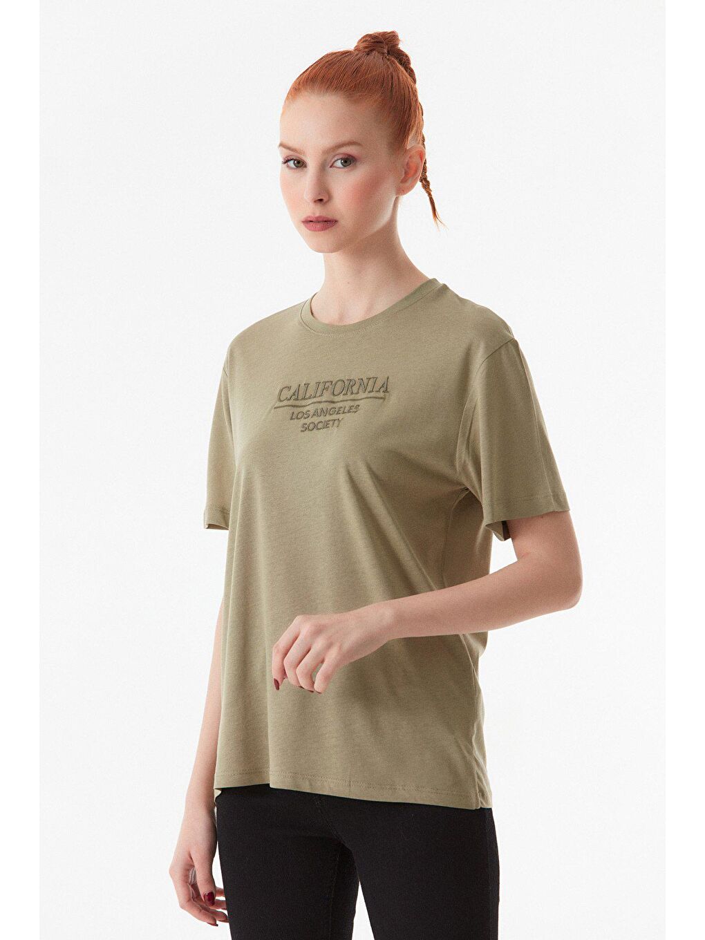 Haki California Nakışlı Oversize Tişört