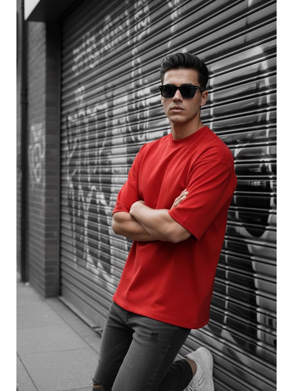 Kırmızı Benriy Erkek Oversize Basic Bisiklet Yaka Pamuklu T-Shirt Rahat Kesim Unisex Sevgili Kombini