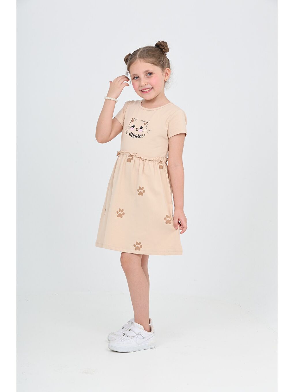 Bej Kız Çocuk Kedi Baskılı Elbise-5