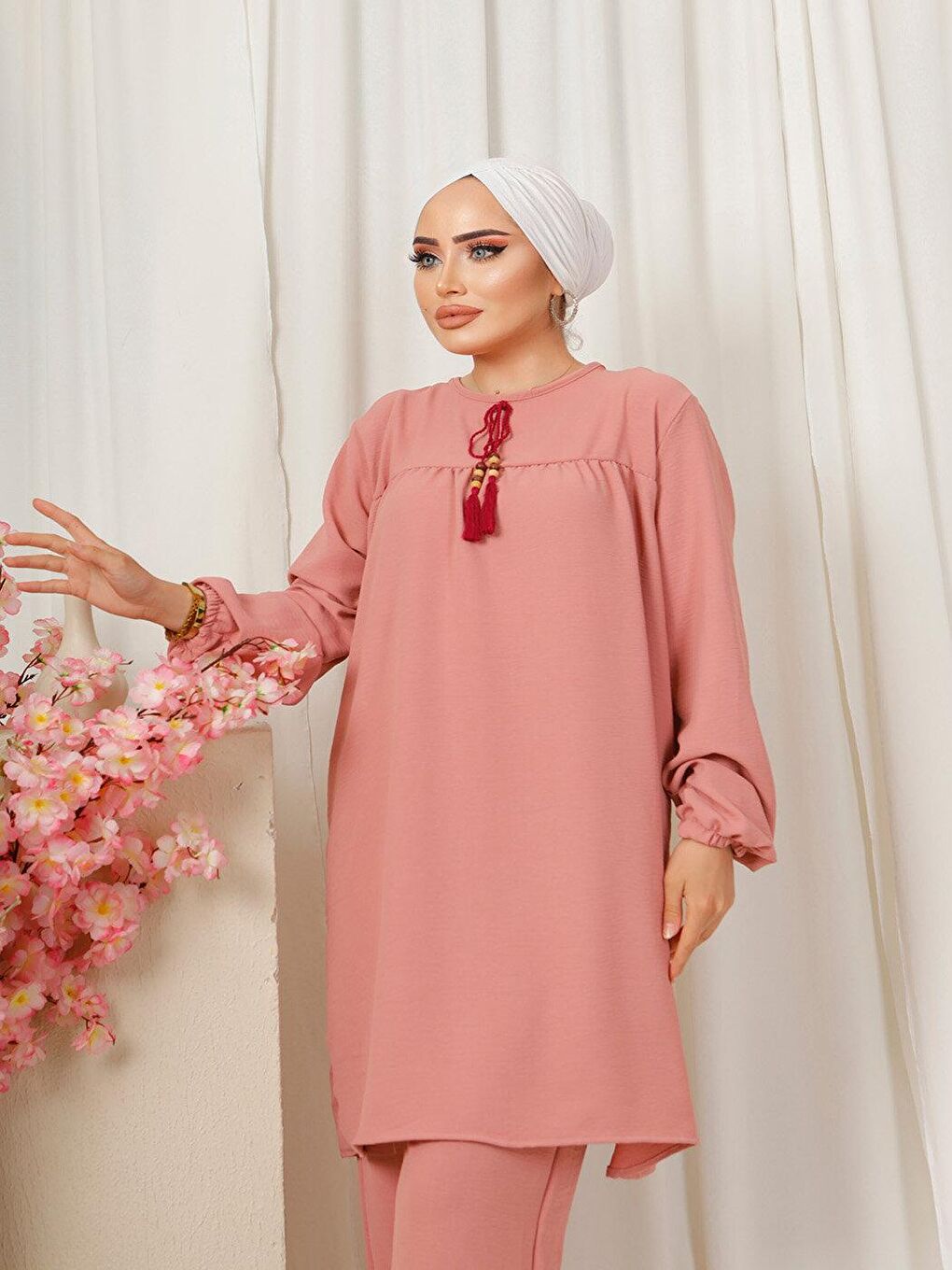 Pembe Boncuk Kolye Detaylı Aerobin Kadın Pudra İkili Takım-3