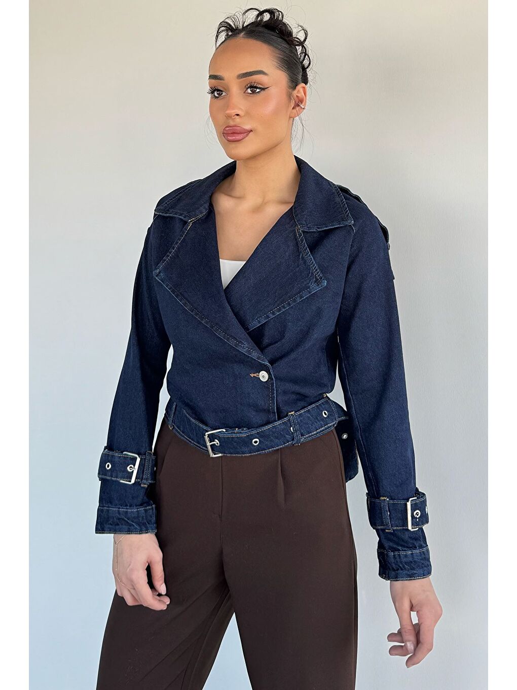 Lacivert Kadın Kruvaze Yaka Kemer Detaylı Jean Jean Ceket-1