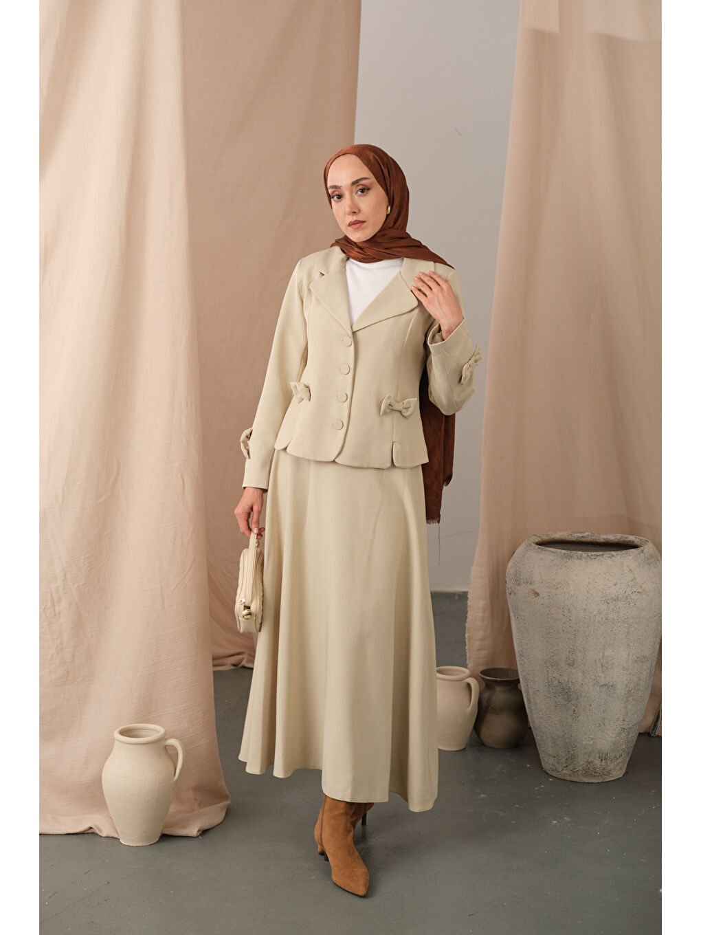 Ekru Kadın Kurdele Detaylı Takım Krem-2