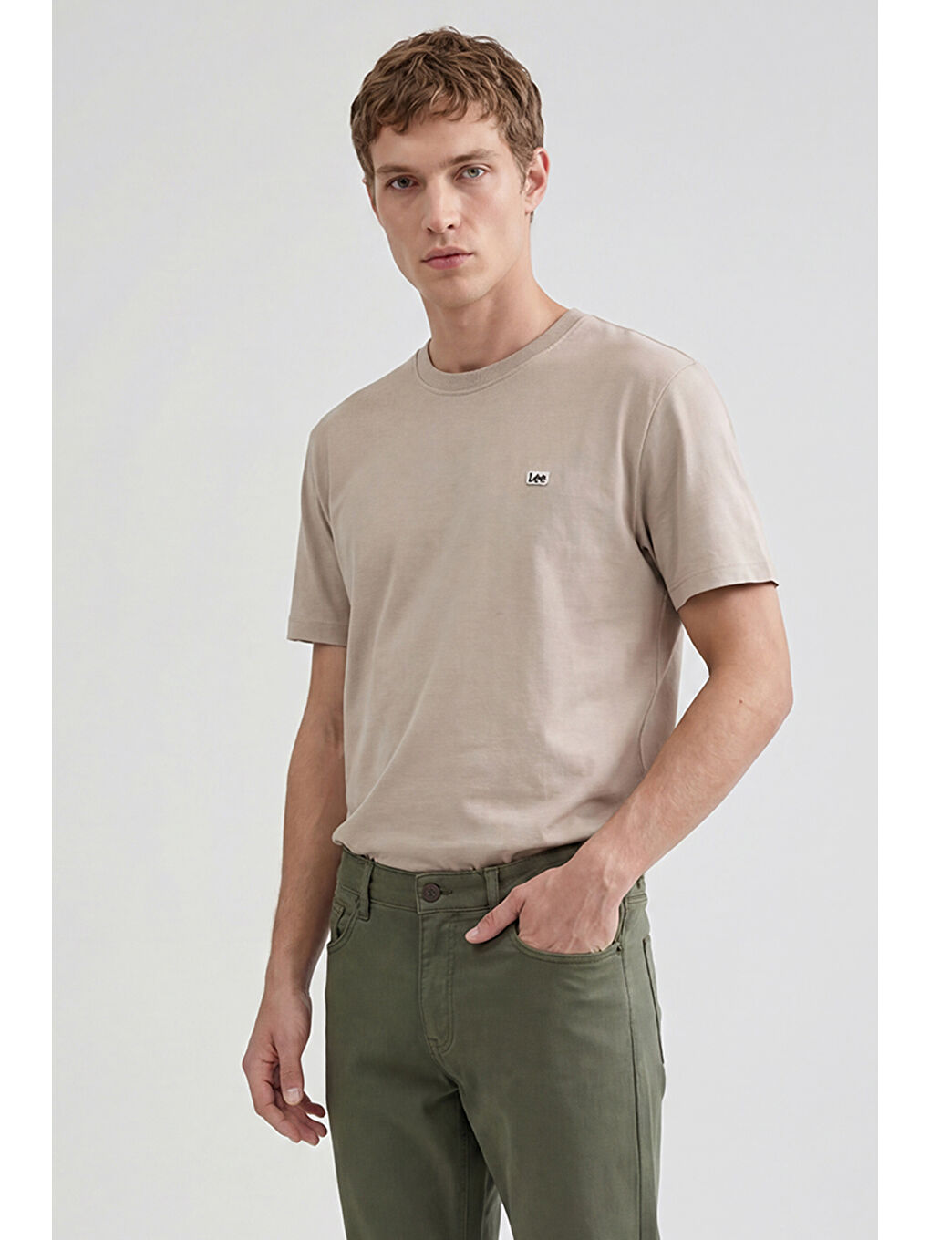 Bej %100 Pamuk Regular Fit Normal Kesim Bisiklet Yaka Logo Detalı Tişört-2