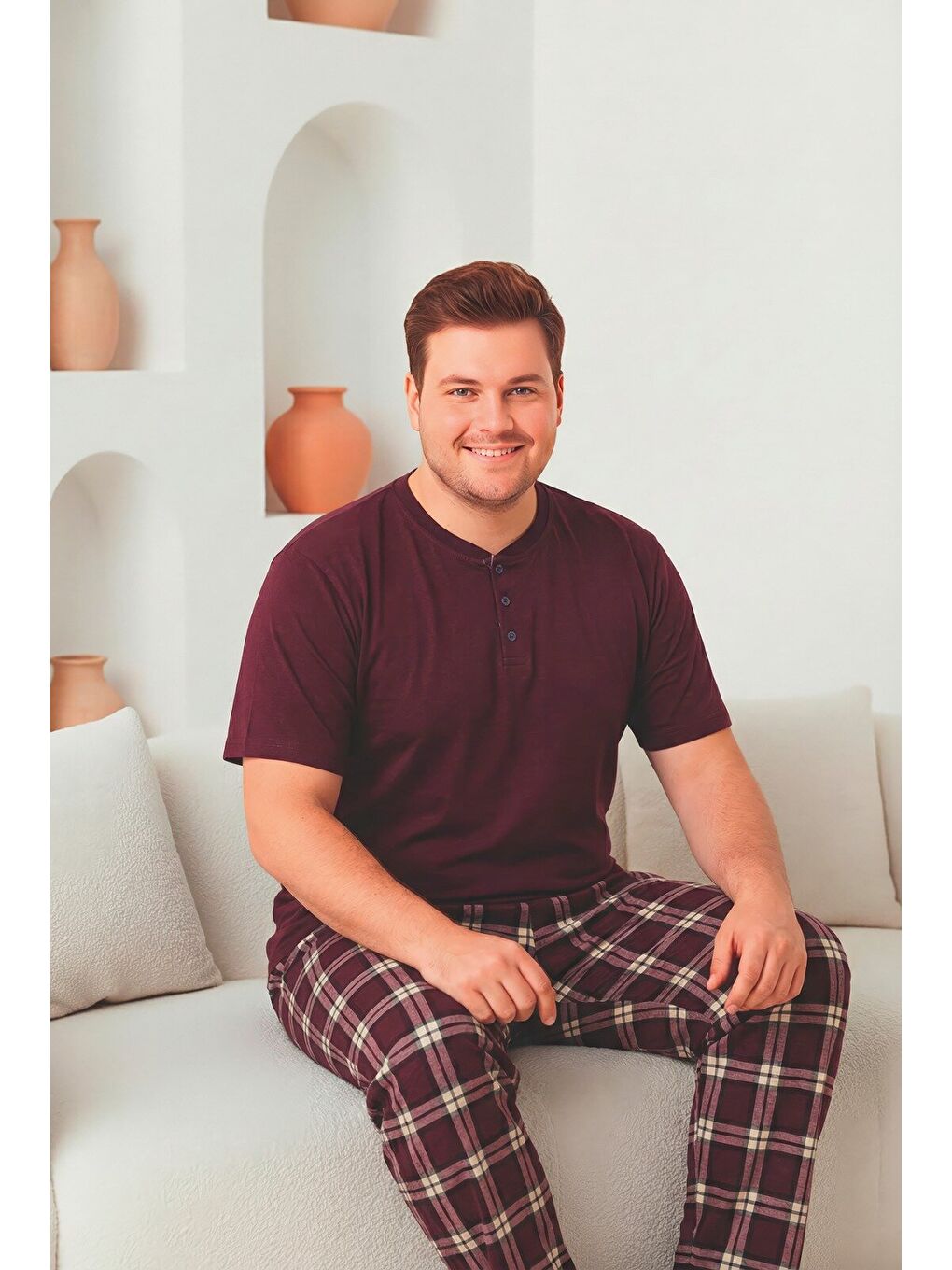 Mürdüm Erkek %100 Doğal Pamuk Ekoseli Kısa Kollu Düğmeli Yüksek Kaliteli Battal Pijama Takımı-1