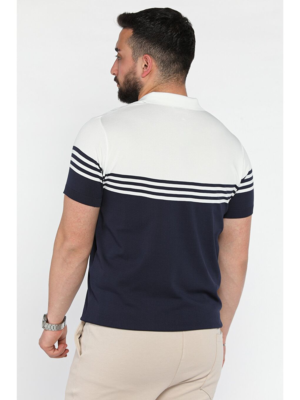 Lacivert Erkek Polo Yaka Çizgi Desenli Çift Renkli Triko Tişört-2