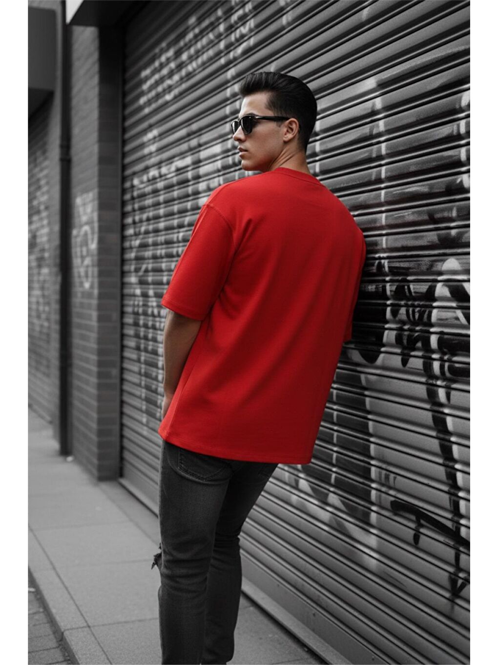 Kırmızı Benriy Erkek Oversize Basic Bisiklet Yaka Pamuklu T-Shirt Rahat Kesim Unisex Sevgili Kombini-1